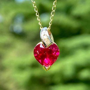 10k Solid Yellow Gold Genuine Ruby & Diamond Necklace (17.5 inch)